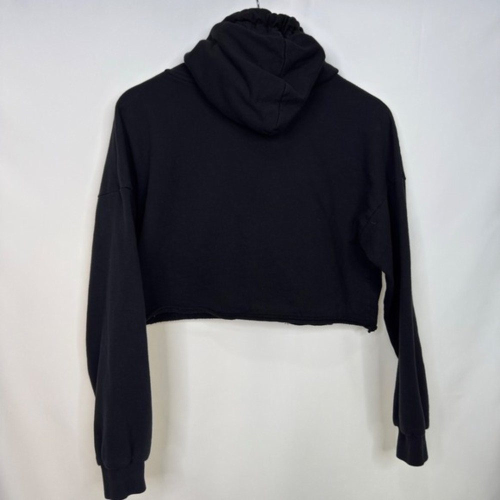 Bershka Womens Black Cropped Hoodie Raw Hem Fleece Lined Sweatshirt Small - Picture 5 of 7